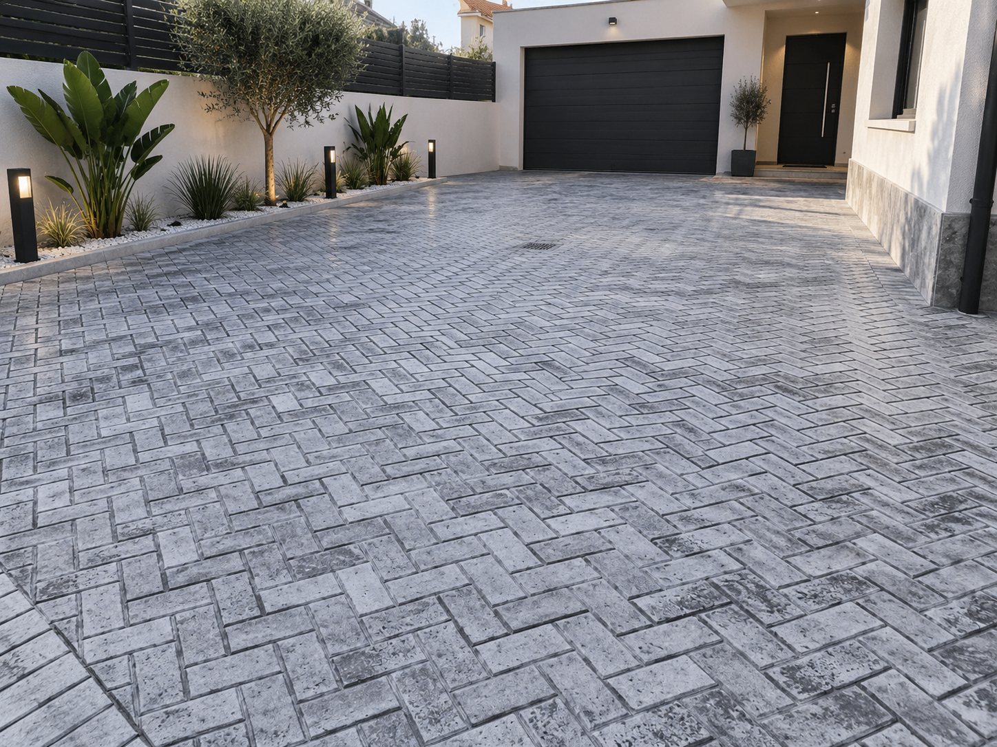 Entrada de garaje con hormigón impreso efecto adoquín gris por Hormiklass