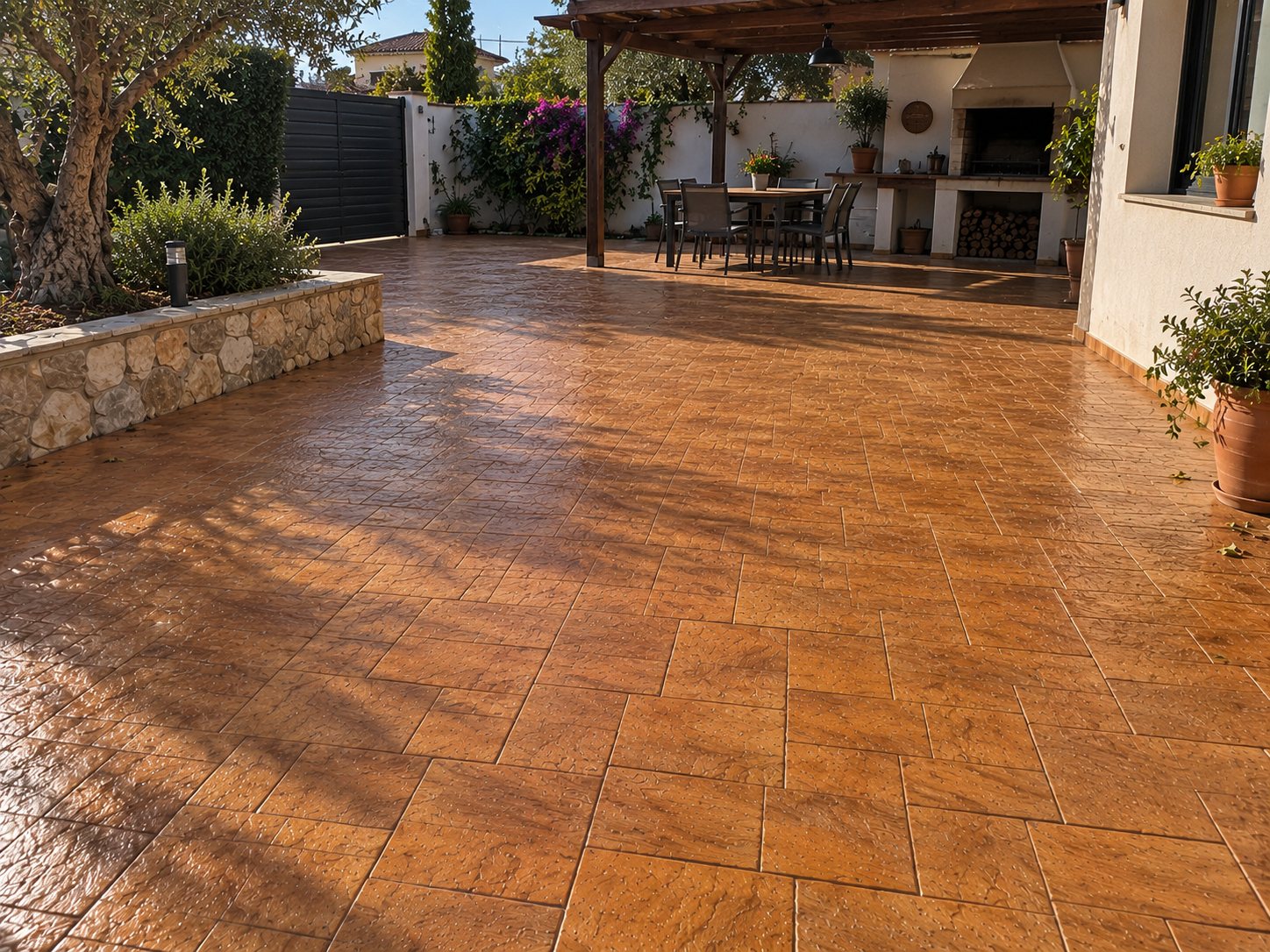 Patio con barbacoa acabado en hormigón impreso terracota por Hormiklass