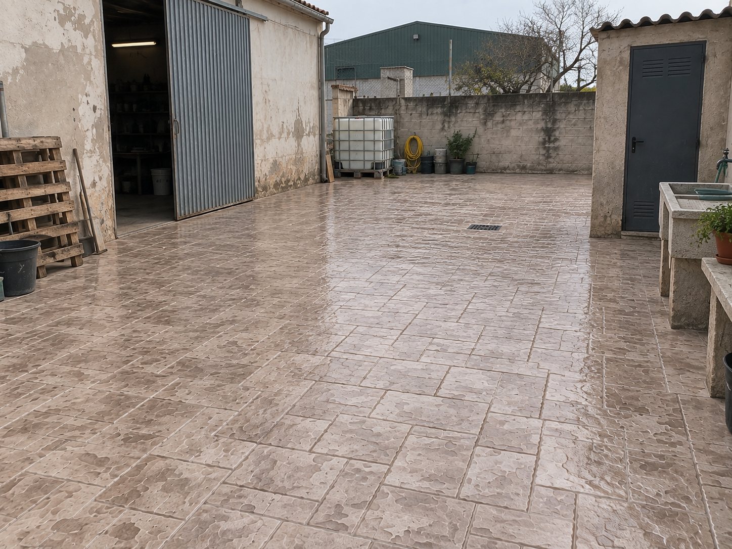 Patio acabado con hormigón impreso efecto piedra beige por Hormiklass
