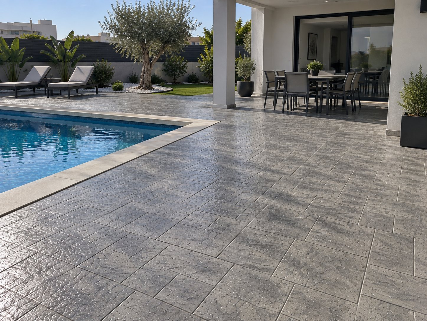 Terraza de piscina con hormigón impreso gris realizada por Hormiklass