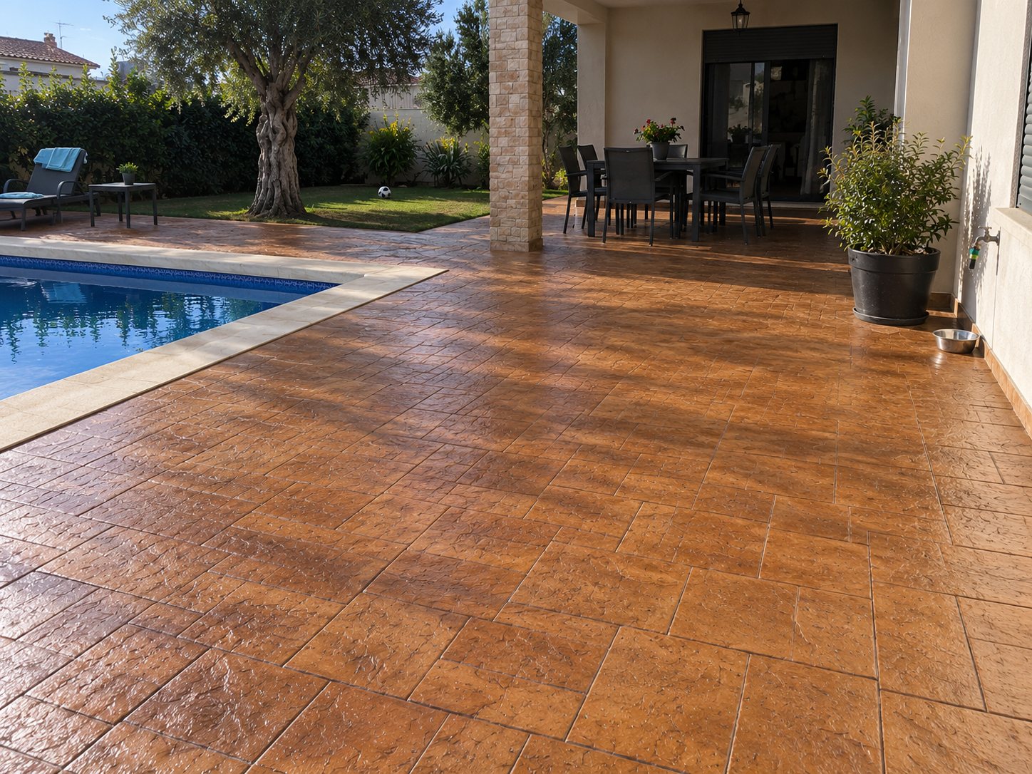 Zona de piscina con pavimento de hormigón impreso terracota por Hormiklass
